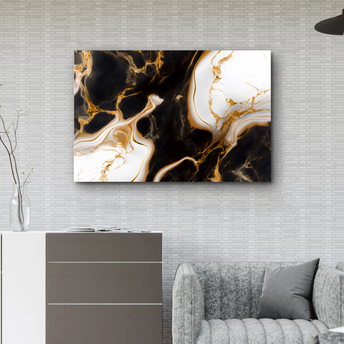 Tableau abstrait Marbre Noir & Or – Élégance Luxe