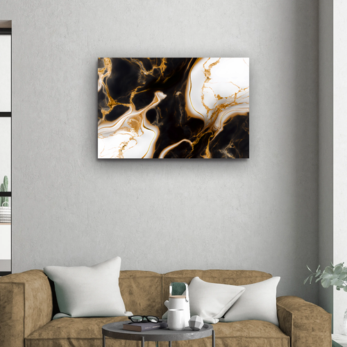 Tableau abstrait Marbre Noir & Or – Élégance Luxe